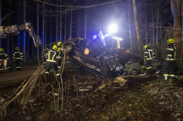 Австрийка чудом выжила за рулем компактвэна, который воткнулся в огромную ель